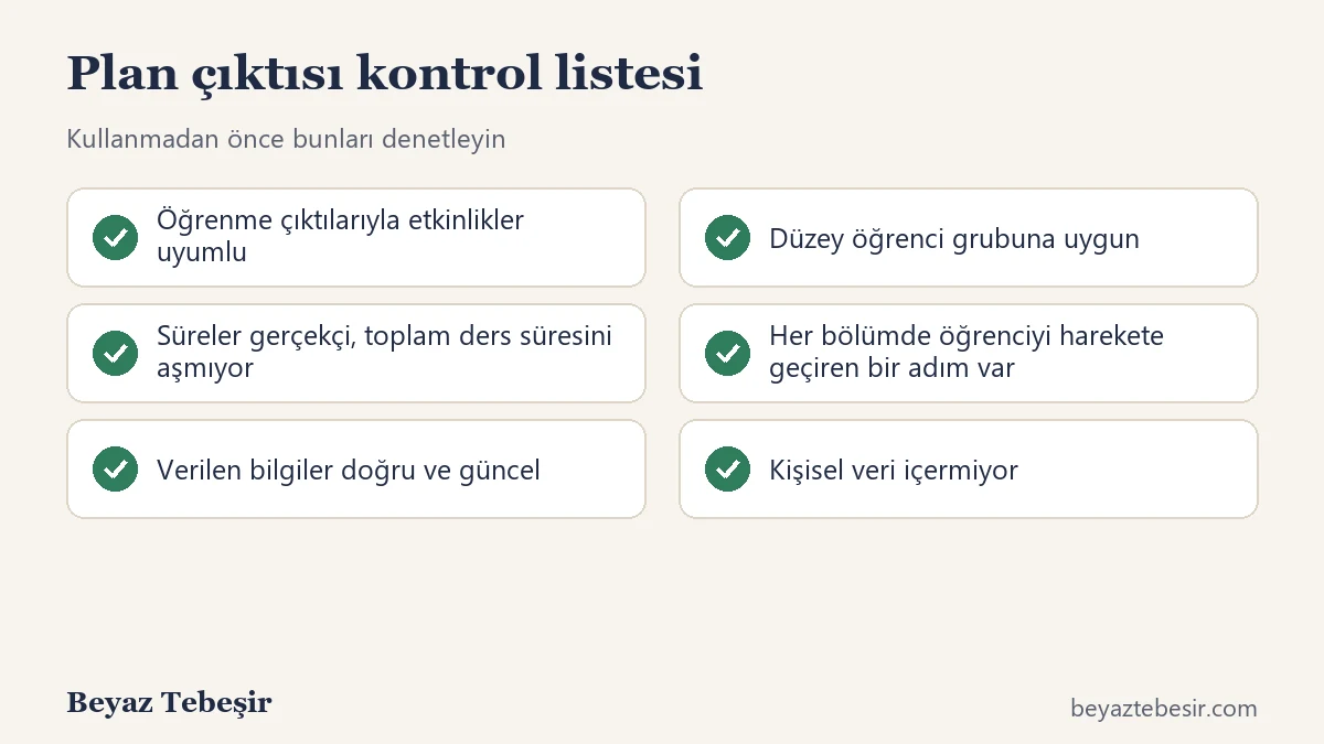 Yapay zekânın ürettiği ders planını incelemek için altı maddelik kontrol listesi