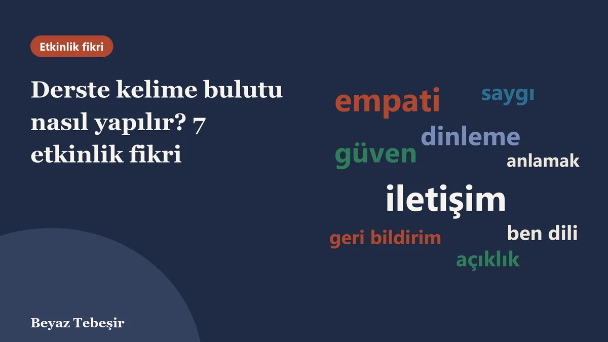 Derste kelime bulutu nasıl yapılır: tahtada öğrenci yanıtlarından oluşan renkli kelime bulutu