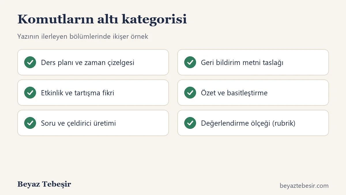 Öğretmenlere yönelik ChatGPT komutlarının altı kategorisi