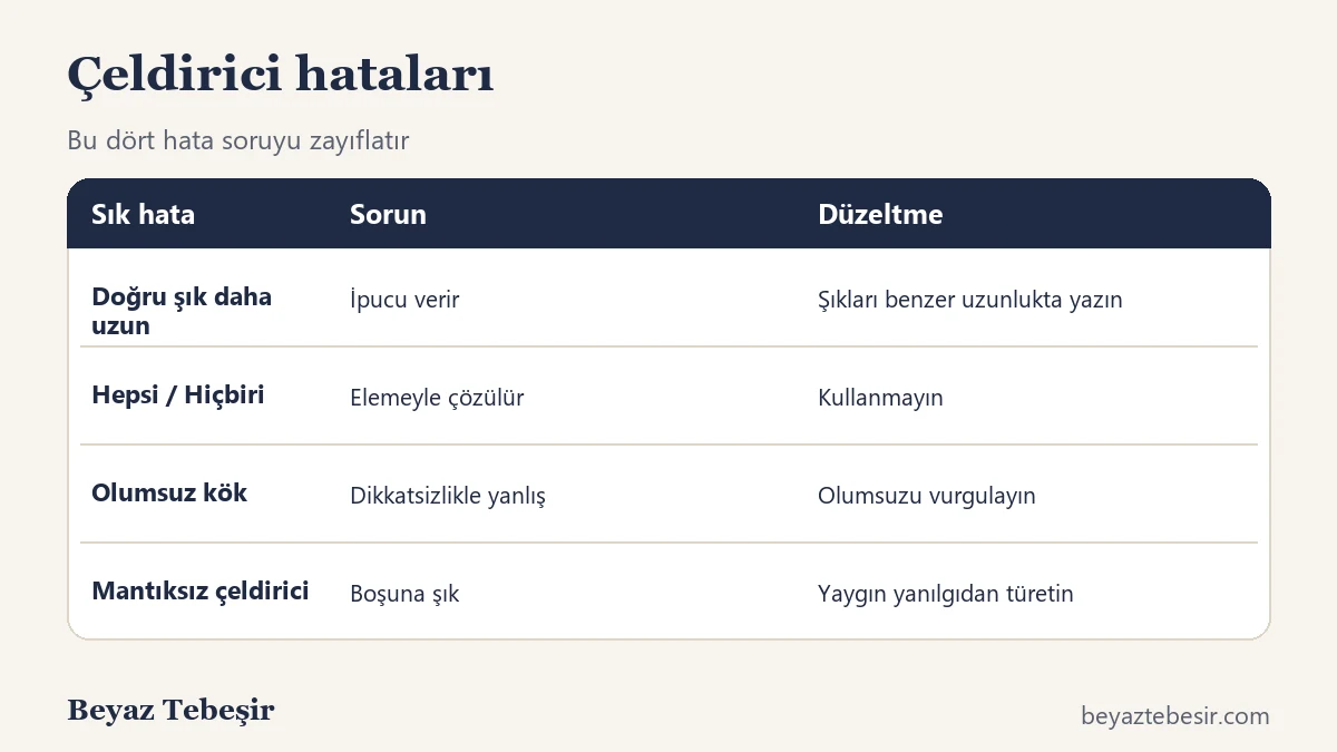 Çeldirici yazımında sık yapılan hatalar ve düzeltmeleri tablosu