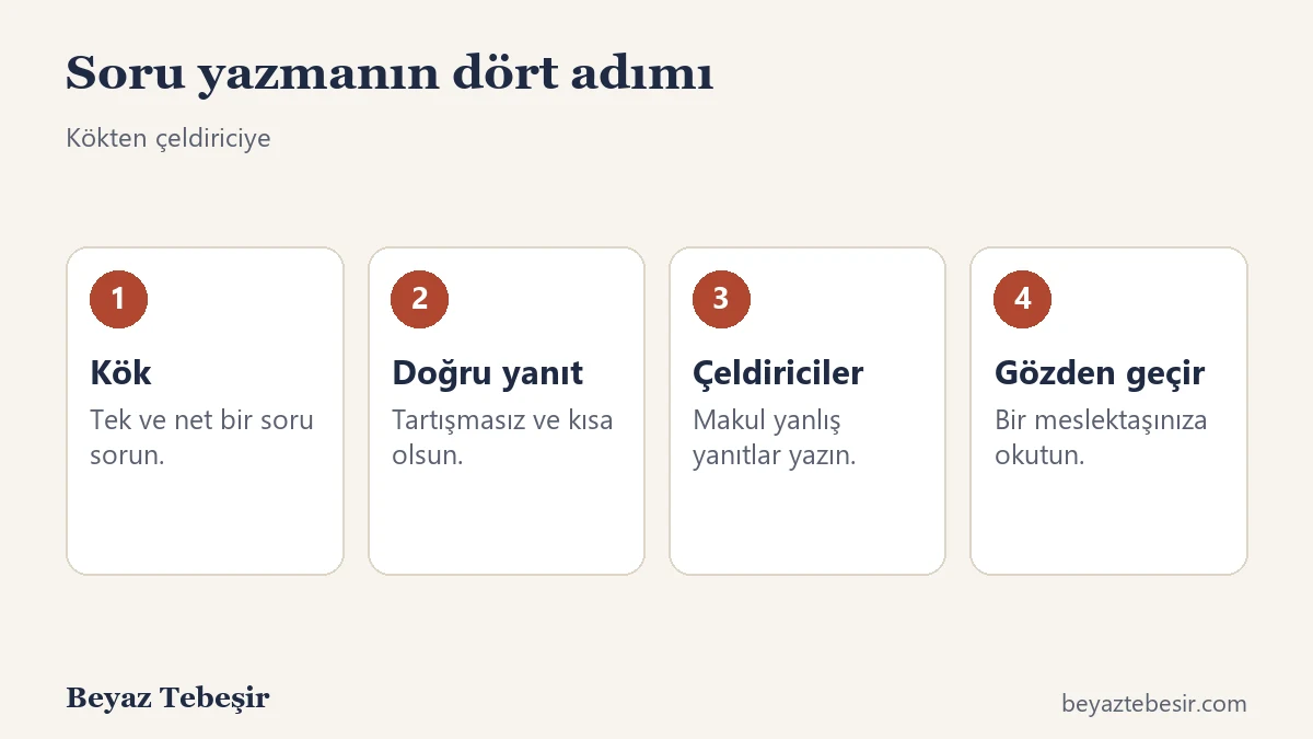Çoktan seçmeli sorunun dört bileşeni: kök, doğru yanıt, çeldiriciler ve gözden geçirme