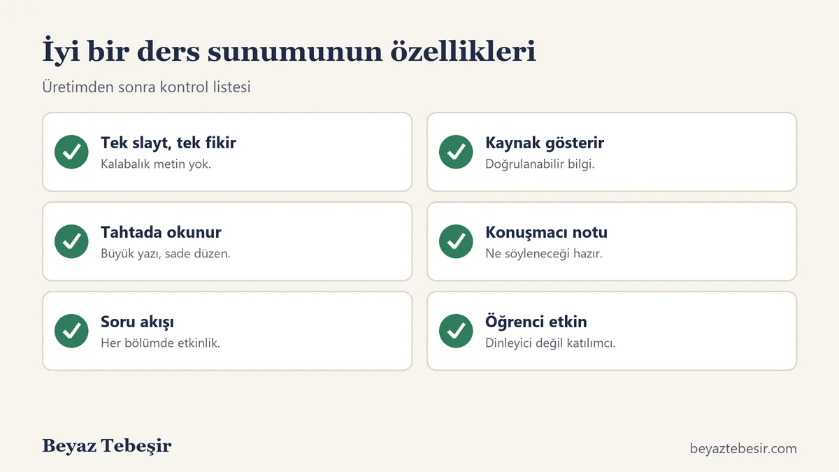 İyi bir ders sunumunun altı özelliği: tek fikir, okunur yazı, soru akışı, kaynak, konuşmacı notu, öğrenci etkinliği